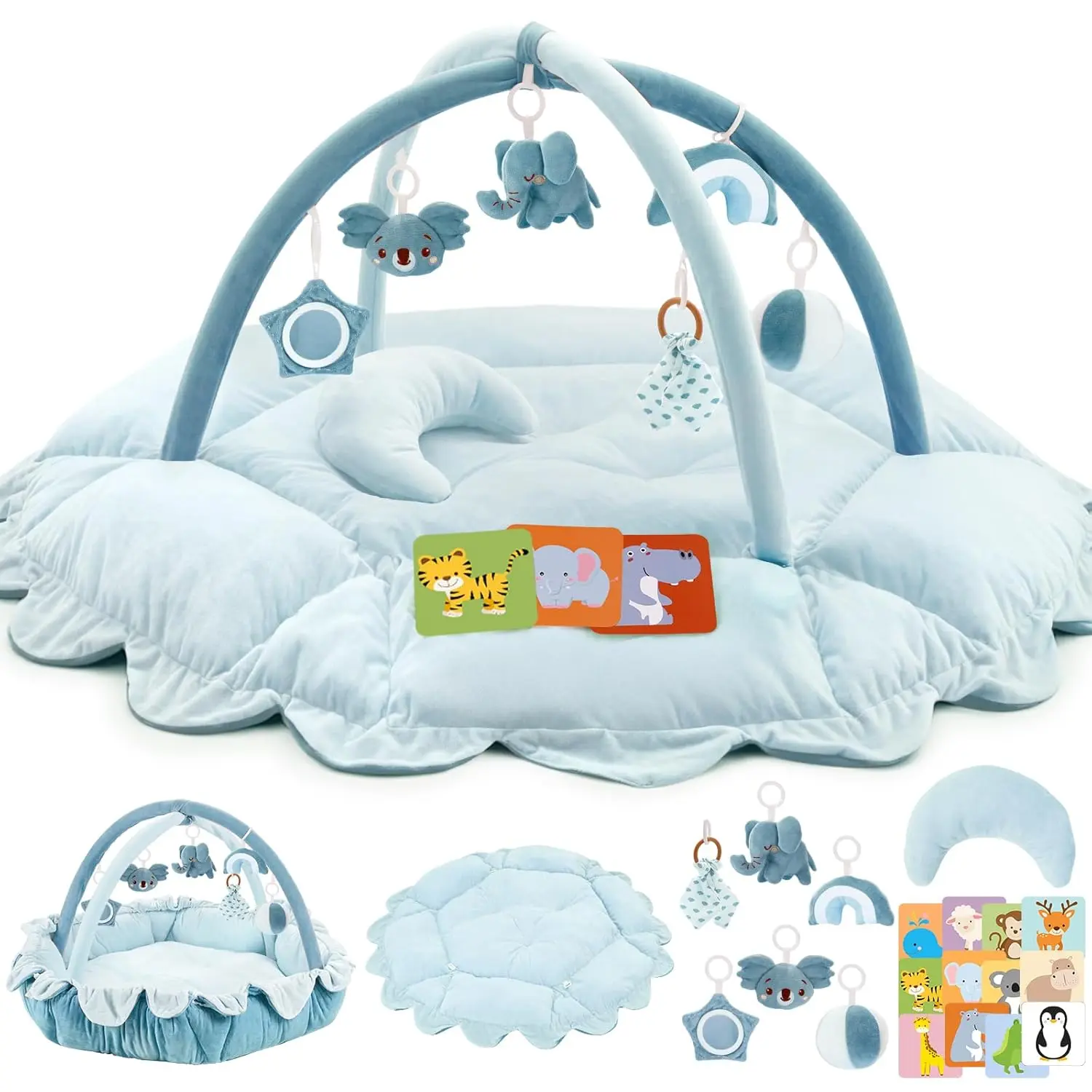 5-in-1 Plush Baby Play Gym, Activity Mat with Convertible Gym and Pillow, 6 Sensory Toys, Play Center from Newborn to Toddler, Blue