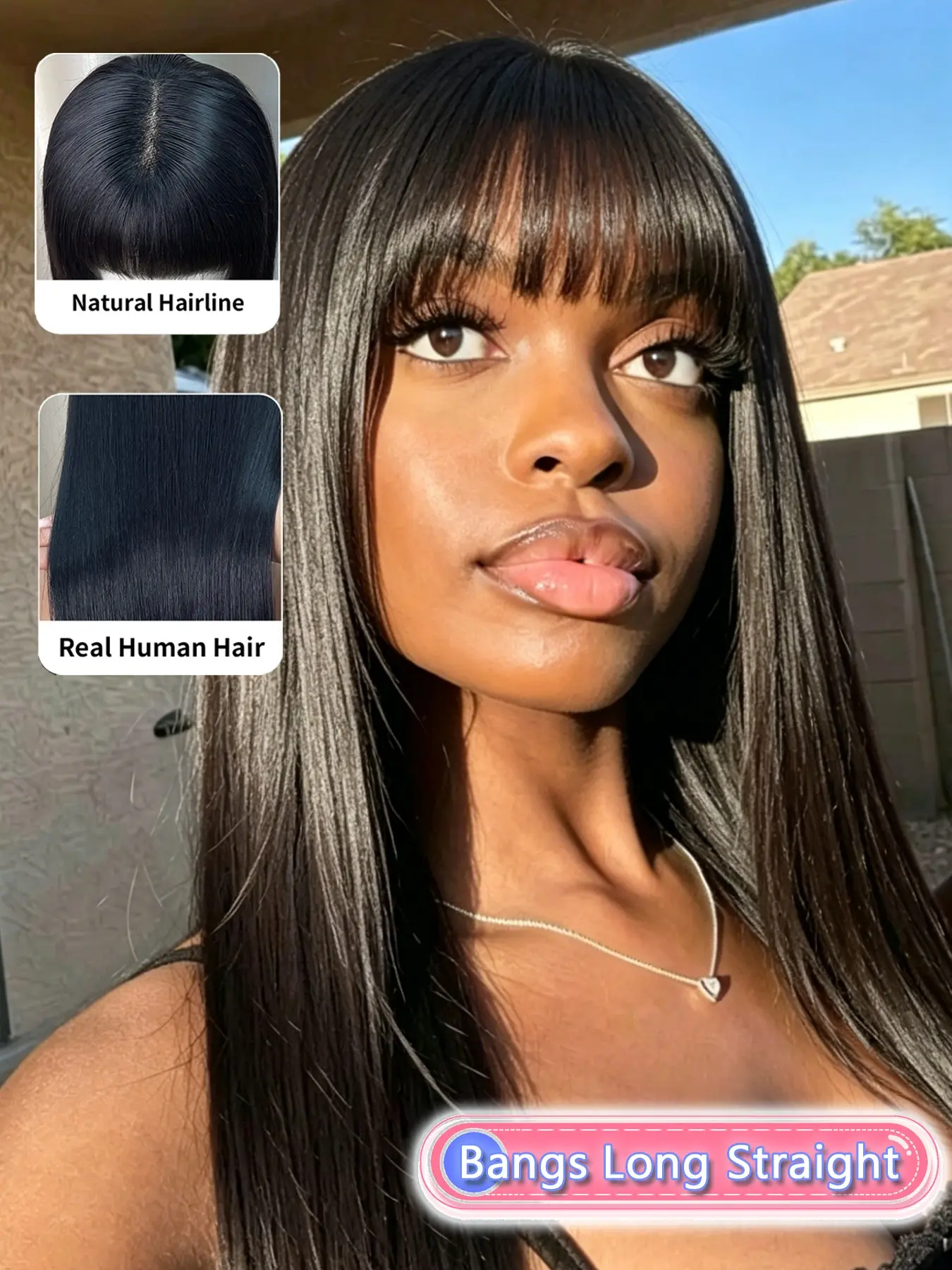 Luxury Human Hair Bang Wig, Black 5x5 Glueless Lace Closure Straight Wig, Silky Long Hair With Natural Curtain Bangs, Elegant Look For Women