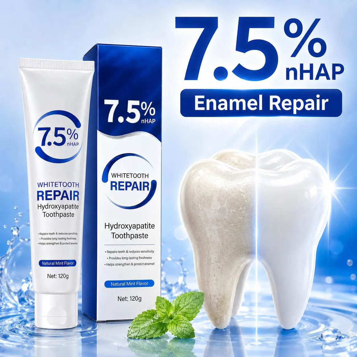 7.5% Nano Hydroxyapatite Toothpaste, Fluoride-Free Enamel Repair Toothpaste for Sensitive Teeth, Mint Fresh Breath Oral Care 120g | Teeth Whitening at Home