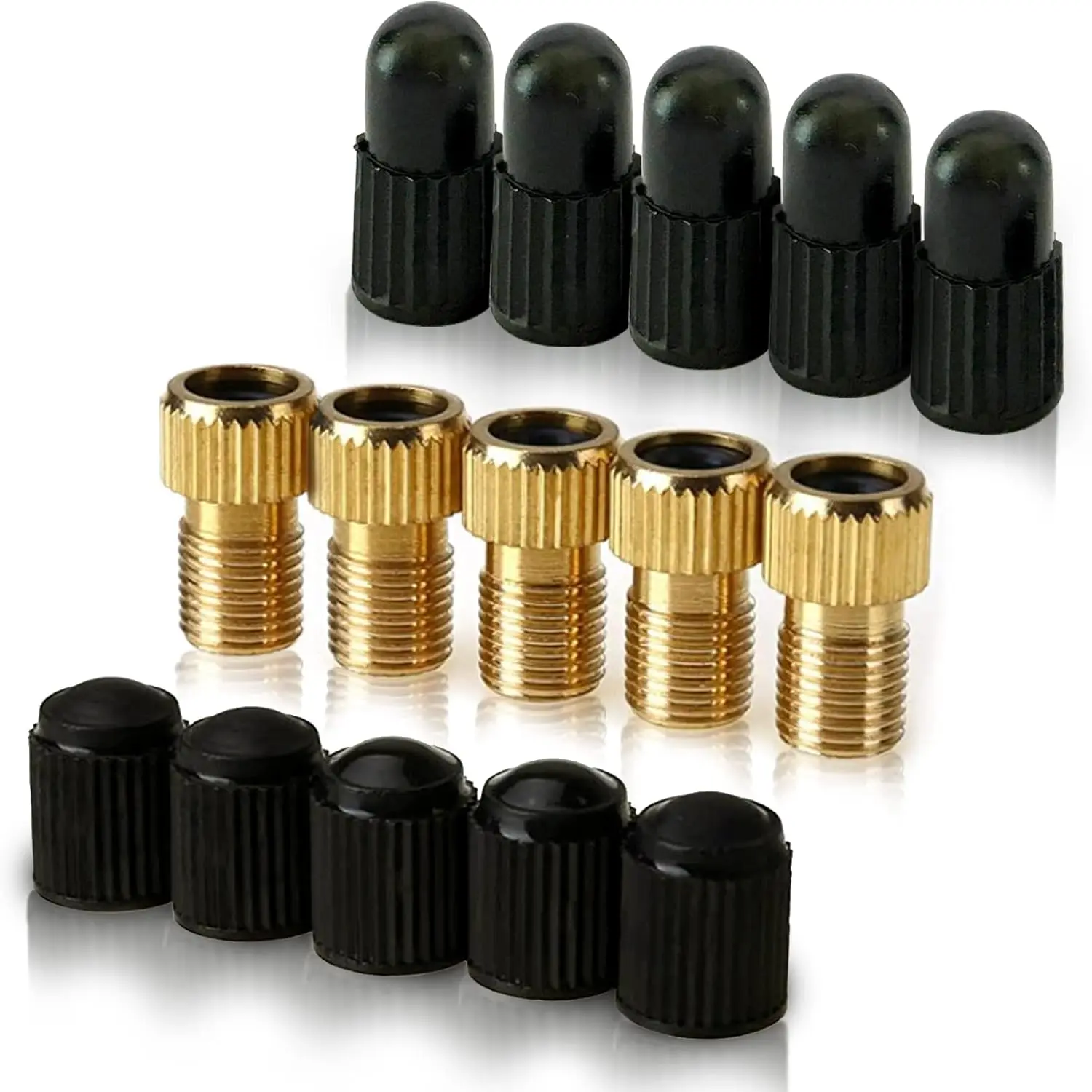 Brass  Valve Adaptor (Pack of 5 + 10 Caps) - Convert Presta to Schrader for All Types of Bikes, e-Bikes, and e-Scooters - Inflate Tire Using Standard Pump or Air Compressor - by Mobi Lock