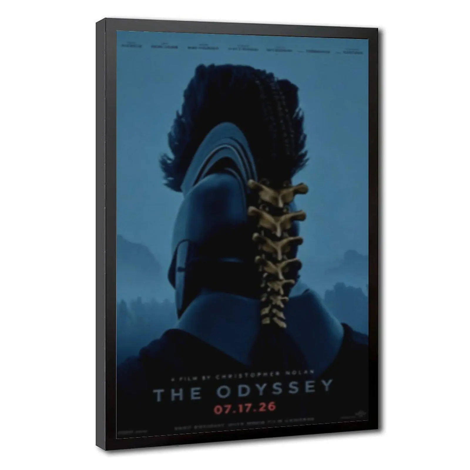 Nolan's The Odyssey 07.17.26 Official Teaser Poster Canvas Print - Spartan Helmet, Golden Spine Detail, Moody Misty Background, Minimalist Vintage Cinematic Artwork, Wood Frame Wall Hanging Decoration for Living Room, Study (Home Decor Posters & Prints)