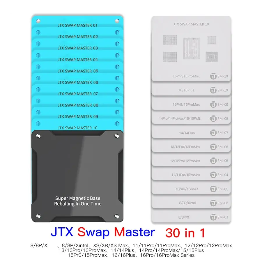 JTX 30 in 1 Master Swap Board Chips Stencil Set for iPhone 8-16 Series Motherboard Magnetic Reballing Platform Repair Tools Kit Phone Repair Tool
