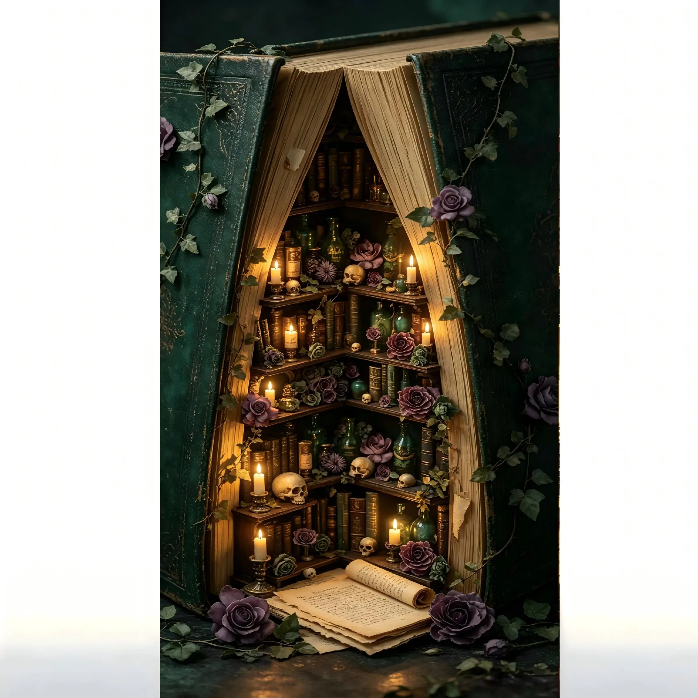 Gothic Dark Bookshelf 5D Diamond Painting Kit, DIY Crafts Round Rhinestone Full Drill Canvas, Home Wall Decor, Frameless Handmade Gift