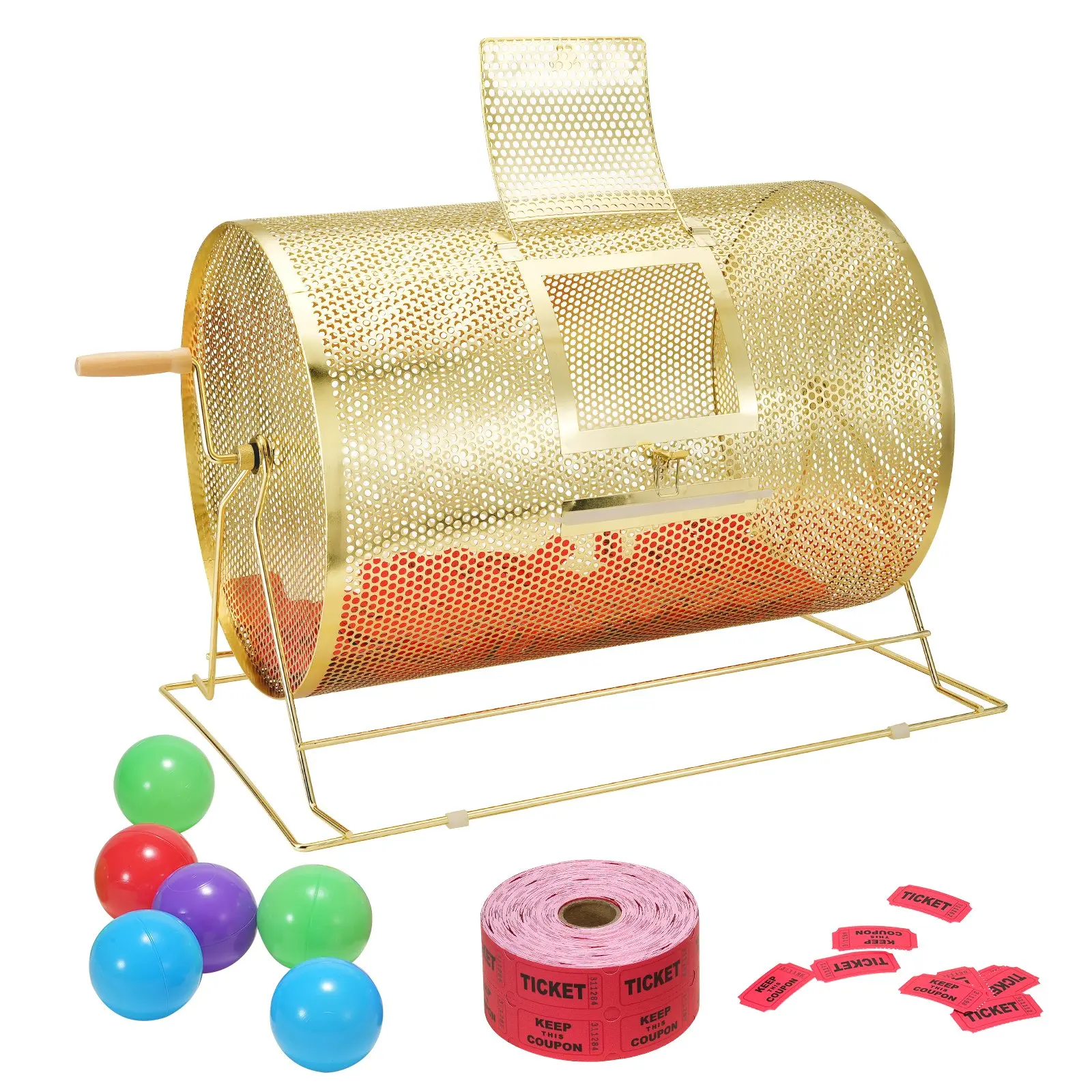 VEVOR Brass-Plated Metal Raffle Drum, 14.8x21.26 in, Holds 10000 Tickets or 300 Ping Pong Balls, with Wooden Turning Handle, Spinning Drawing Cage for Bingo