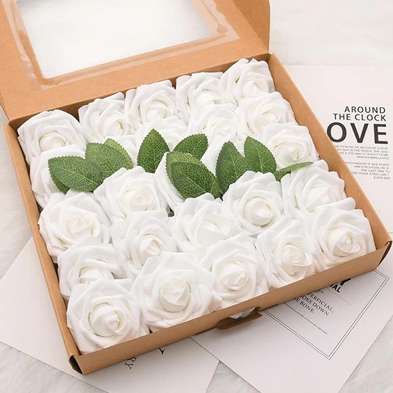 25pcs/Lot High-Grade White PE Rose Artificial Flower Head With Stem DIY Bouquet Wedding Party Decoration Scrapbook Supplies