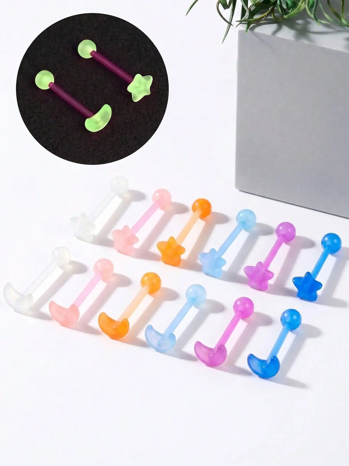 12 Pcs 14G Glow-In-The-Dark Tongue Ring, Hypoallergenic Neon Rubber & Acrylic, Unisex, 16mm Industrial Barbell, Fashion Jewelry Accessory