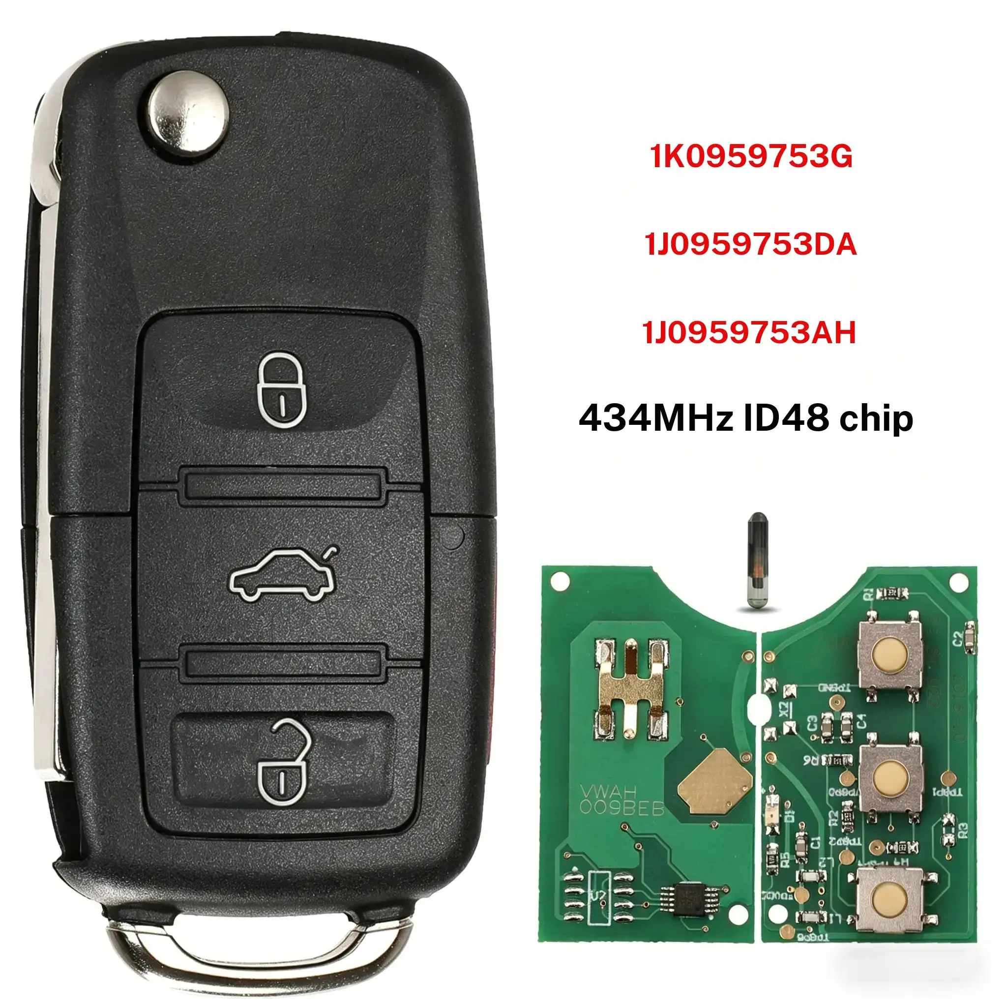 434MHz ID48 3B Flip Car Remote Key 1J0959753DA/AH Replacement For Volkswagen VW Golf MK4 Bora Jetta Beetle Seat Leon Skoda Octavia