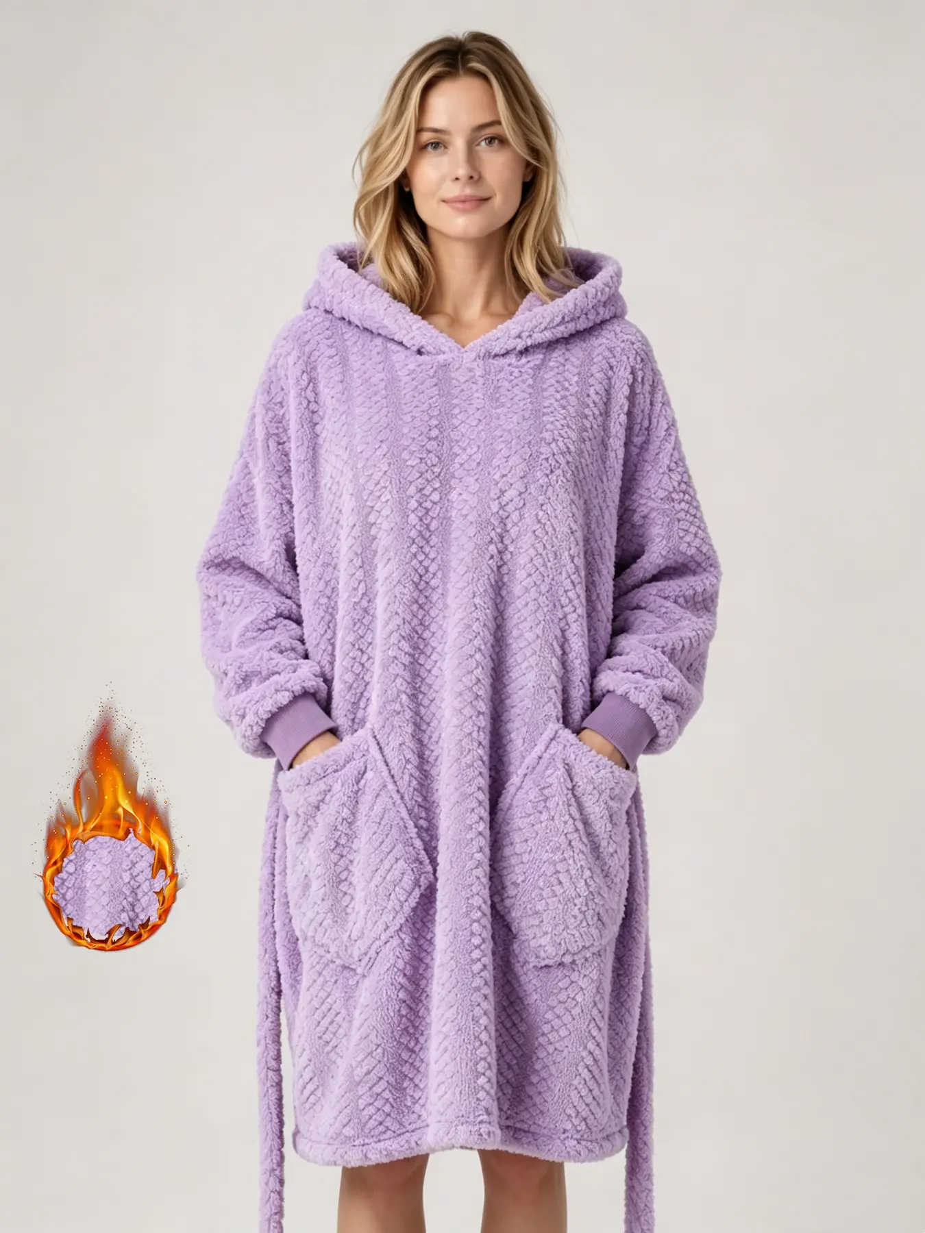 Women's Fall Winter Soft Solid Color Bubble Texture Hooded Coral Fleece Robe, Pullover Tie Side Pockets Bathrobe, Comfortable Home Wear