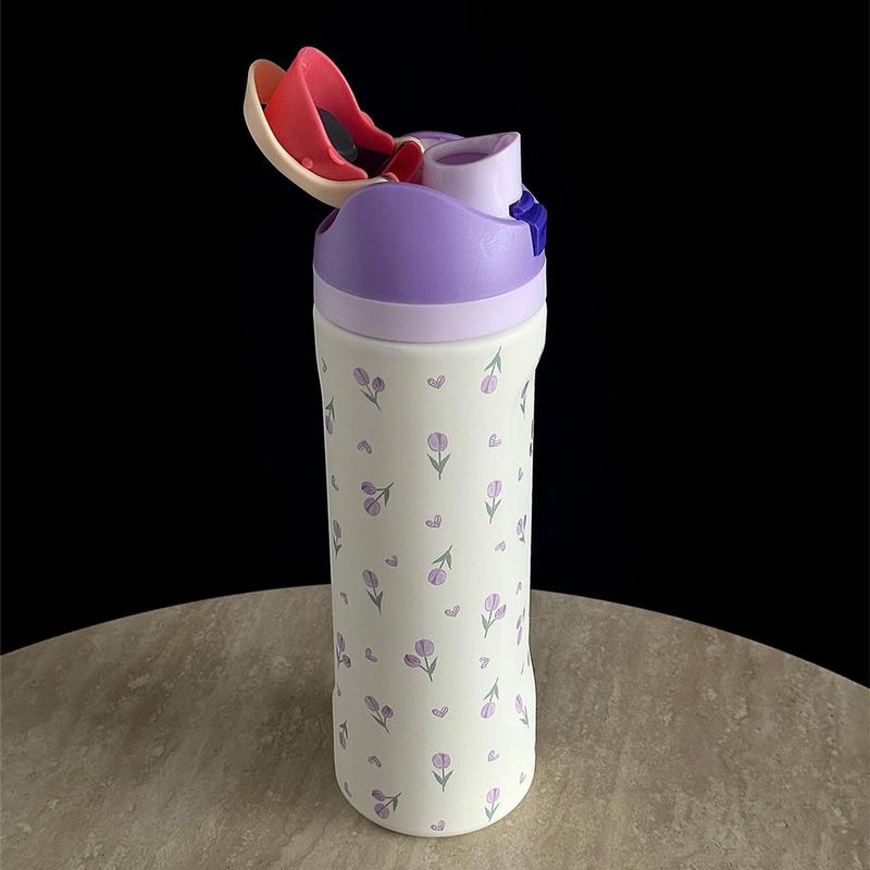 Tulip Pattern Vacuum Flask, 1 Count 24oz/32oz/40oz Stainless Steel Insulated Water Bottle with Straw, Drinking Cup for Home Office School Outdoor, Drinkware, Reusable Tumbler with Lid