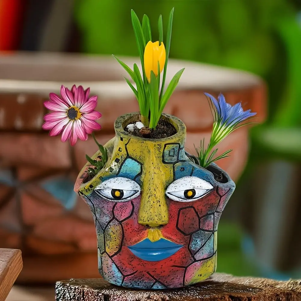 Abstract Face Planter Pot Statue Decorative Ornament, Unique Fashionable Cool Planter, Suitable for Indoor, Outdoor and Garden, Enhances Floral Decoration, Durable Design