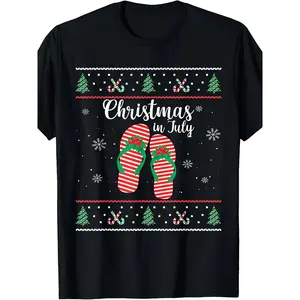 [100% Cotton] 100% Cotton Christmas In July Ugly Christmas Summer Flip Flops Men Women T-Shirt tee Same style for men and women 2025 summer short-sleeved printed T-shirt pure cotton