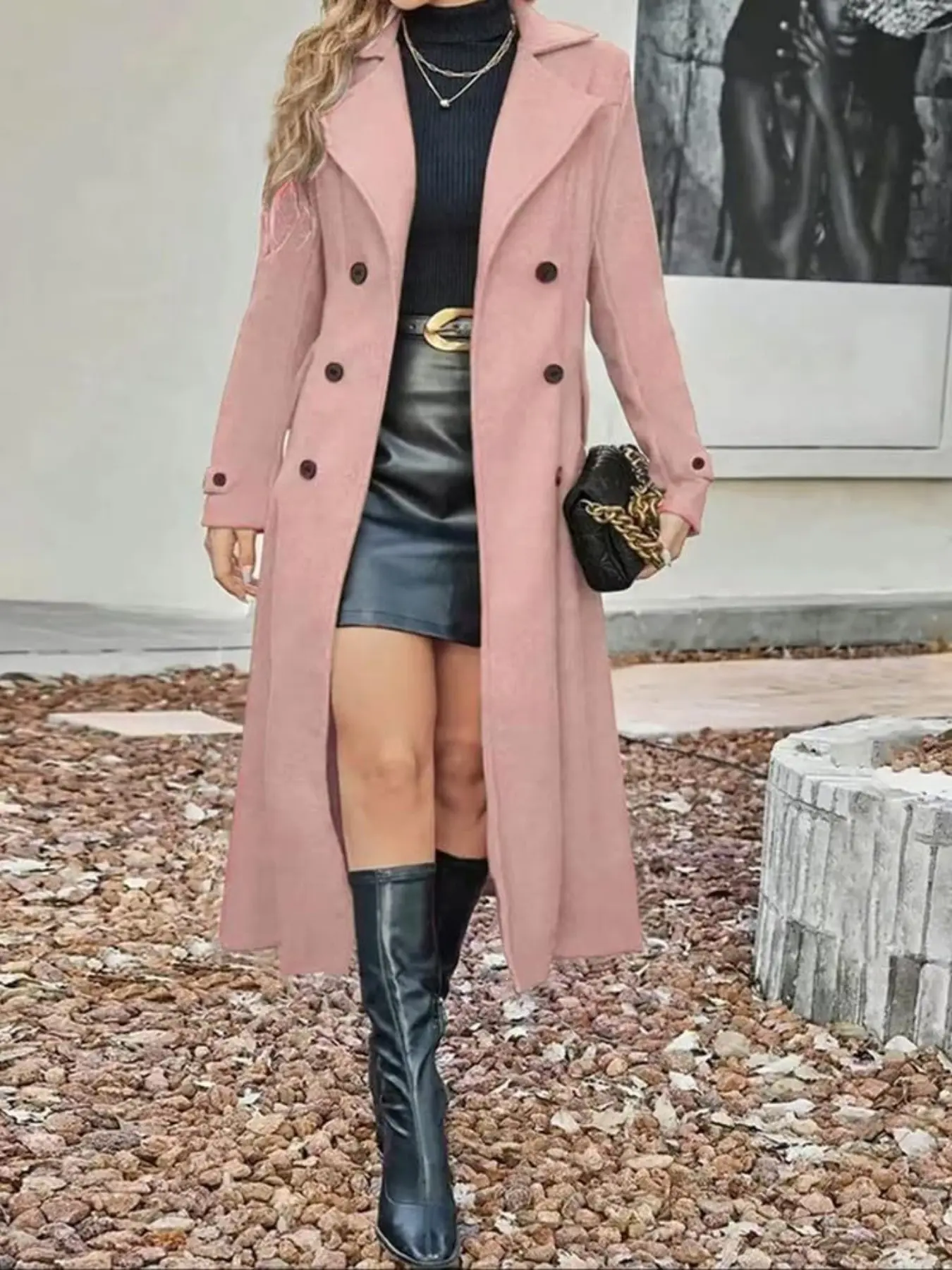 Women Double Breasted Coat, Long Sleeve Notch Lapel, Knee Length, Pockets, Relaxed Loose Fit, Casual Daily Vintage