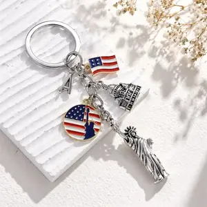 Metallic USA Flag Keychain with Statue of Liberty and Capitol Charms, Souvenir Bag Accessory for Travel Keys and Daily Use