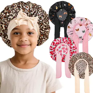 Kids Flower Printed Satin Sleep Bonnet with Wide Elastic Band & Ribbon, Soft Silk-like Sleeping Hair Cap for Boys Girls, Reusable Waterproof Shower Cap, Gentle Hair Protection Hat for Curly Natural Hair Care