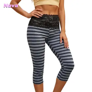 Women's High Waist Striped Capri Leggings - Stretch Polyester-Spandex Cropped Pants for Casual Wear, Athletic Workout Activewear