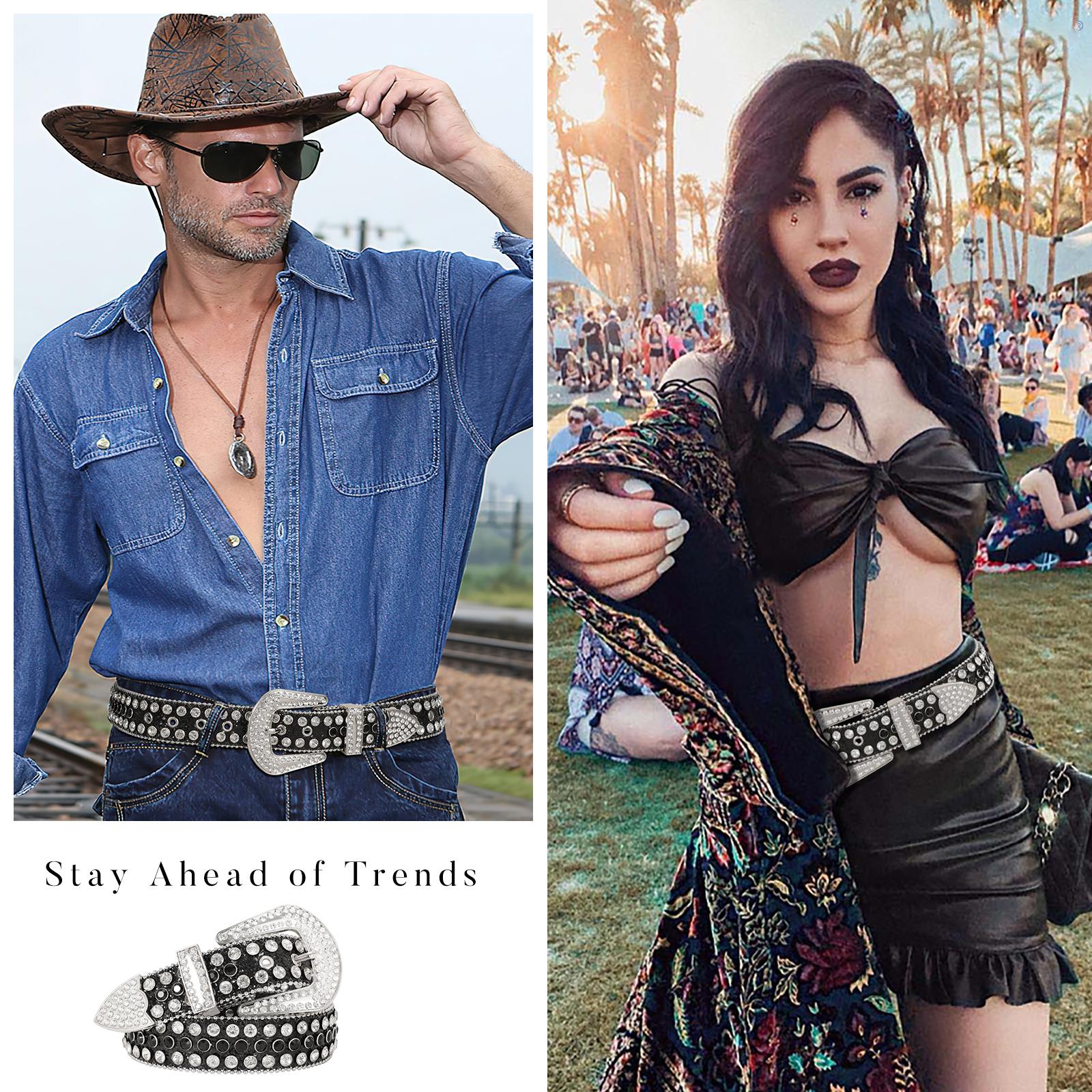 XZQTIVE Western Rhinestone Studded Leather Belt Cowboy Cowgirl Bling Waist Belt for Jeans Dress, Pink, Silver,Fit Waist Size 32-37 Inches SpringStatements