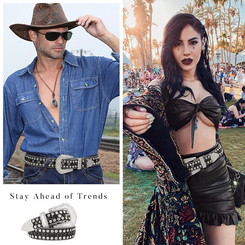 XZQTIVE Western Rhinestone Studded Leather Belt Cowboy Cowgirl Bling Waist Belt for Jeans Dress, Pink, Silver,Fit Waist Size 32-37 Inches