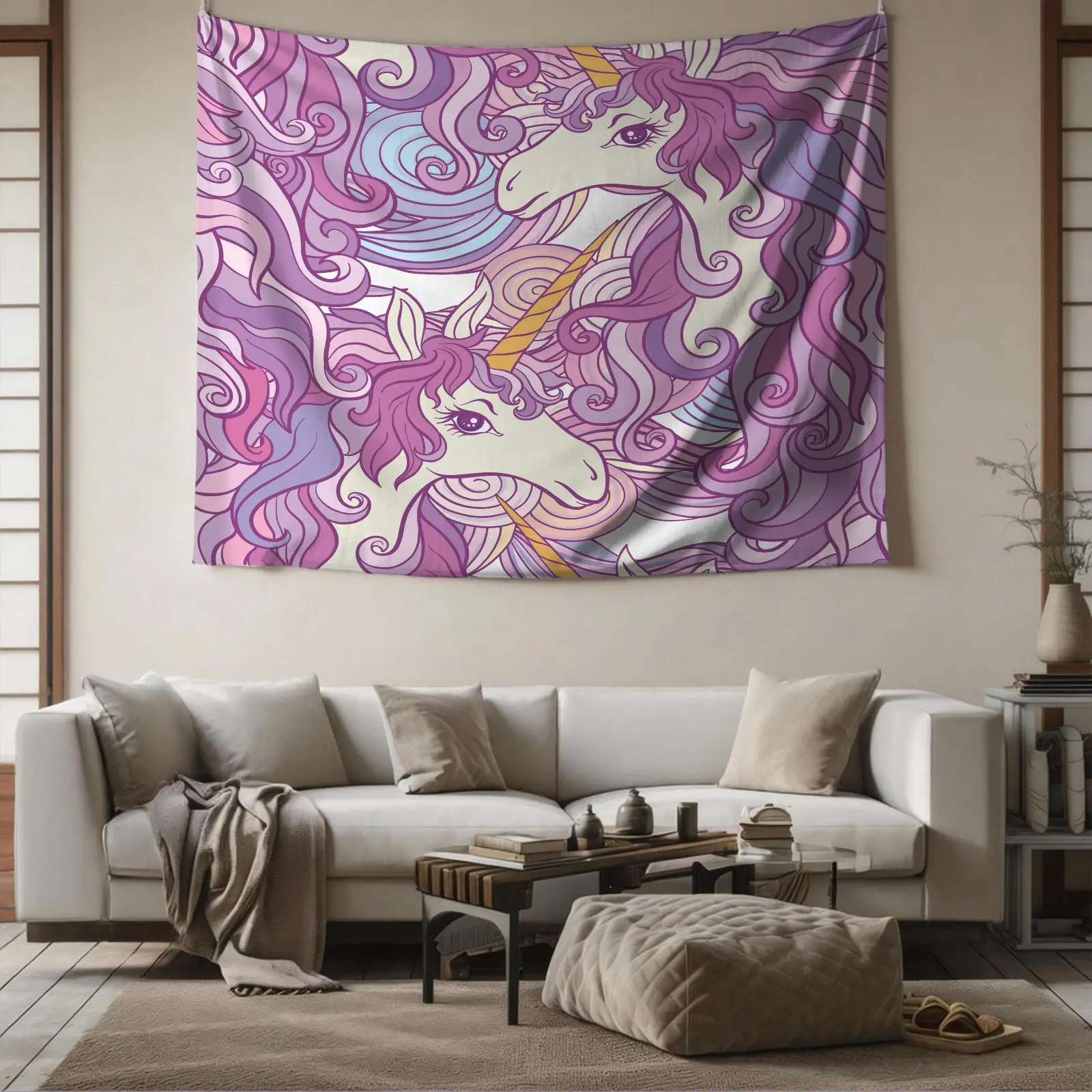 Cute Unicorn Tapestry Set Pastel Cartoon Floral Purple Swirl Digital Print Wall Hanging Soft Lightweight Wall Blanket Aesthetic Backdrop Decor Lovely Tapestries for Teen Girls Bedroom Dorm Party Background Home Wall Art Decor Gift