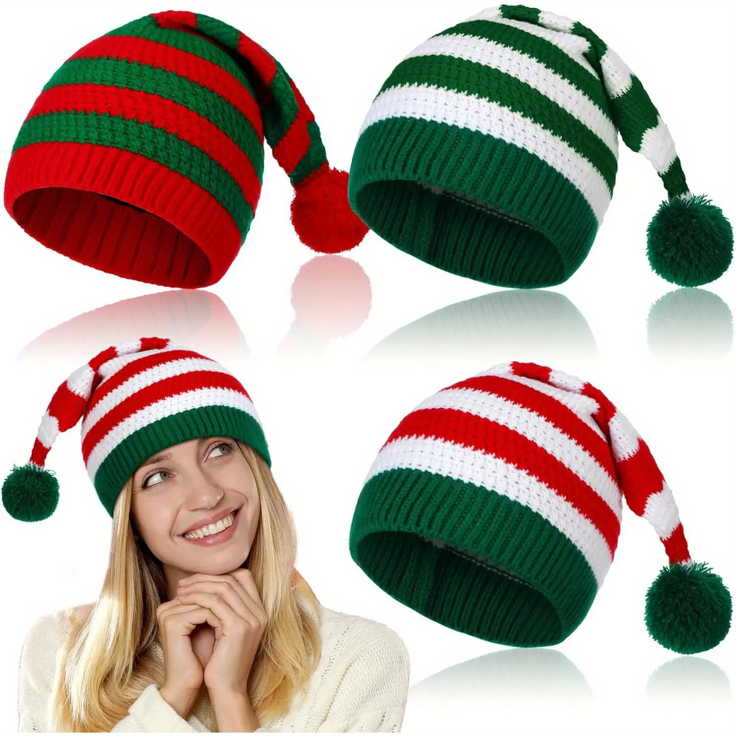 3 Pcs Christmas Knitted Santa Hats, Elf Hat Crochet Christmas Beanie, Xmas Party Caps, Festive Holiday Accessories