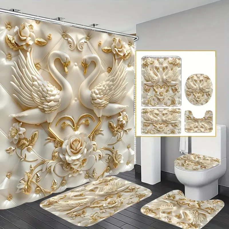 Elegant 3D Swans and Roses Luxury Bathroom Set - Waterproof Shower Curtain, Toilet Lid Cover, Bath Mat, and Contour Mat