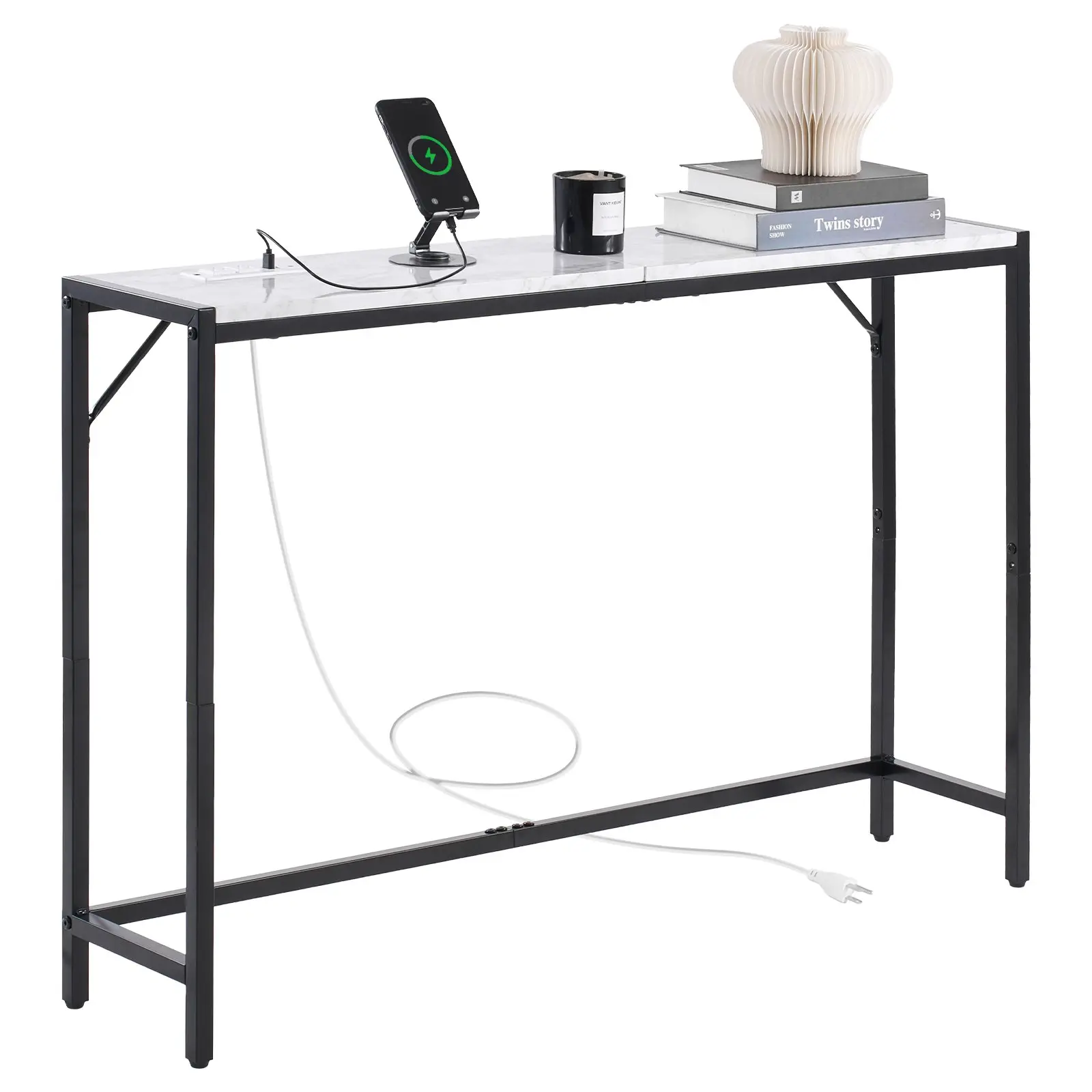 【toolupgrade】VEVOR Marble Console Table, Modern Narrow Long Console Table with Power Outlet, Thin Sofa Side Table with Iron Tubes, Anti-Tip Device and Triangular Support for Living Room, Hallway, Entryway, Foyer