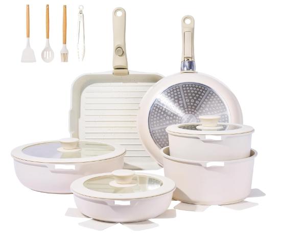 26pcs Pots and Pans Cookware Set with Removable Handle, Induction Cooking Sets with Detachable Handle, RV Camping Stackable Pots Pans, Oven Safe, PFOA Free, Beige