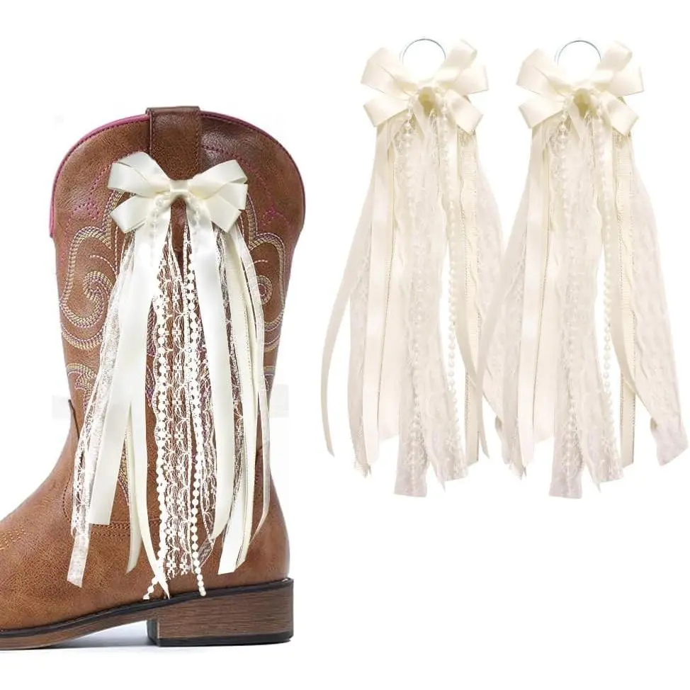 White Ribbon Bow Martin Boot Bows, White Satin Ribbons Buffalo  Boot Bows Glitter  Lace Holiday Birthday School Accessory Decor