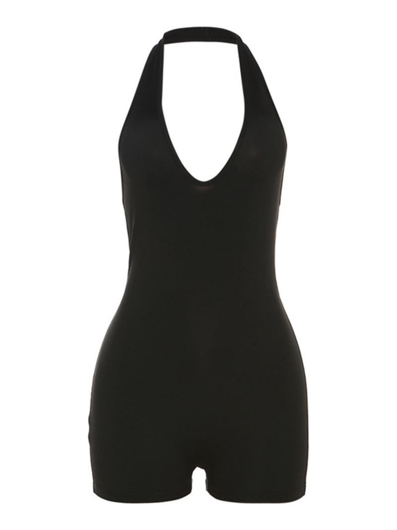 Women's Solid Halter Neck Romper, Basic Casual Sleeveless Backless Romper for Daily Outdoor Wear, Overalls, Womenswear