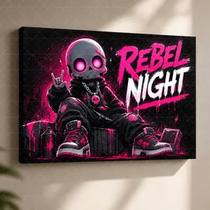 Rebel Night Pink Black Graffiti Skeleton Canvas Poster, Cool Streetwear Wall Art, Edgy Aesthetic Print for Teen Bedroom, Gaming Room, Office, Modern Hip Hop Home Decor Gift,wall decor,poster.
