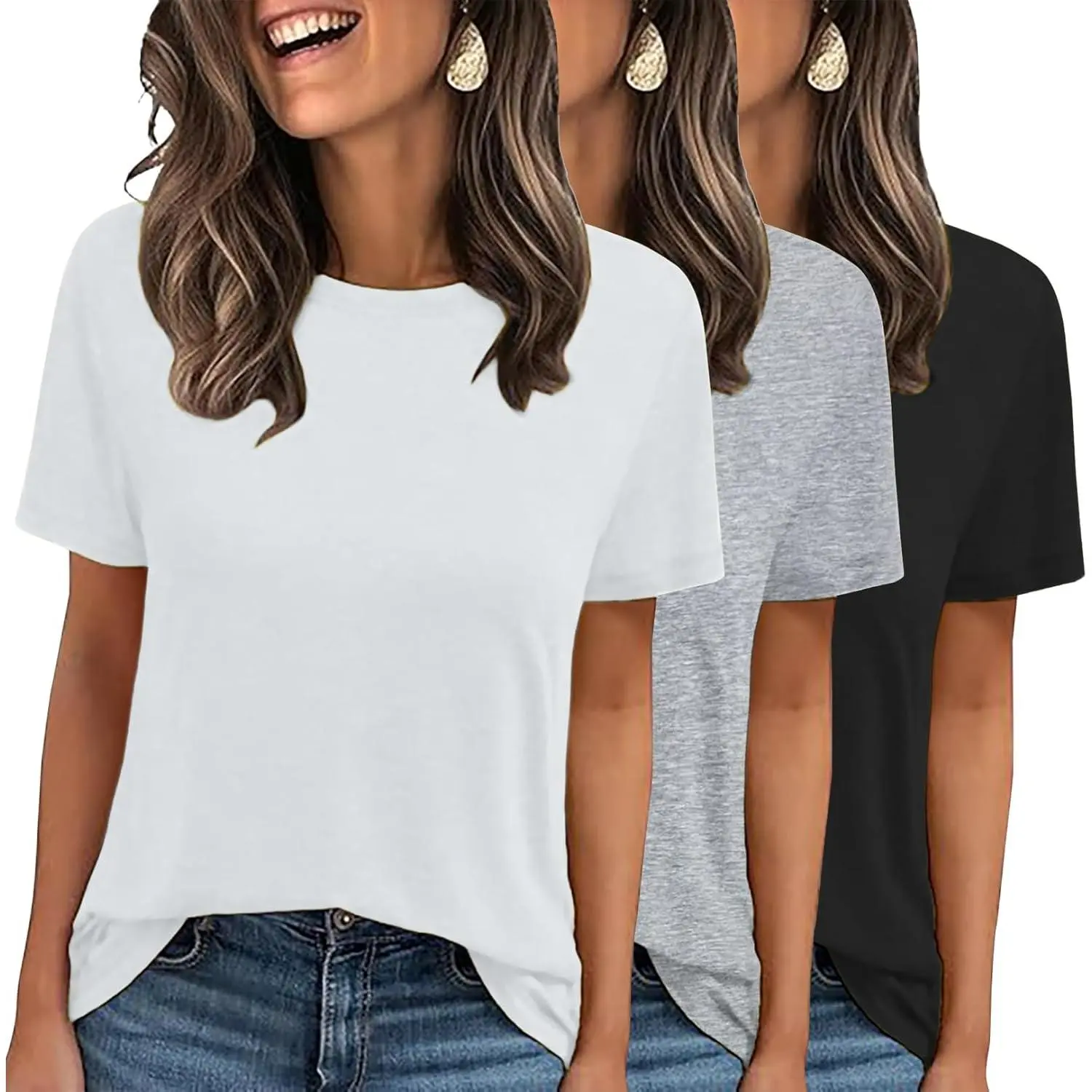 Lady's 3-Pack Stretchy Plain Crew Neck Straight Short-Sleeve Tops - Soft Cotton-Spandex Fabric, Relaxed Cut, Comfortable Everyday Summer Vacation Essential (Gift)