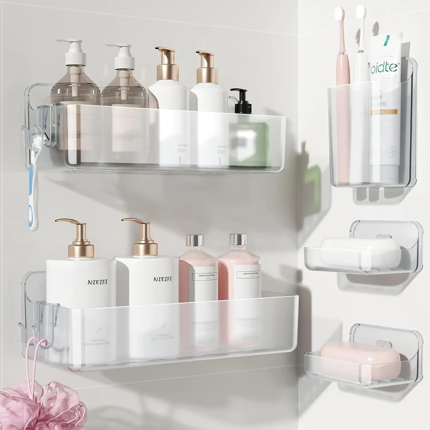 5 Pieces Clear Adhesive Shower Shelves, Rustproof ABS No Drilling Removable Shower Organizer, Large Capacity Easy Clean for Bathroom Storage & Home Decor