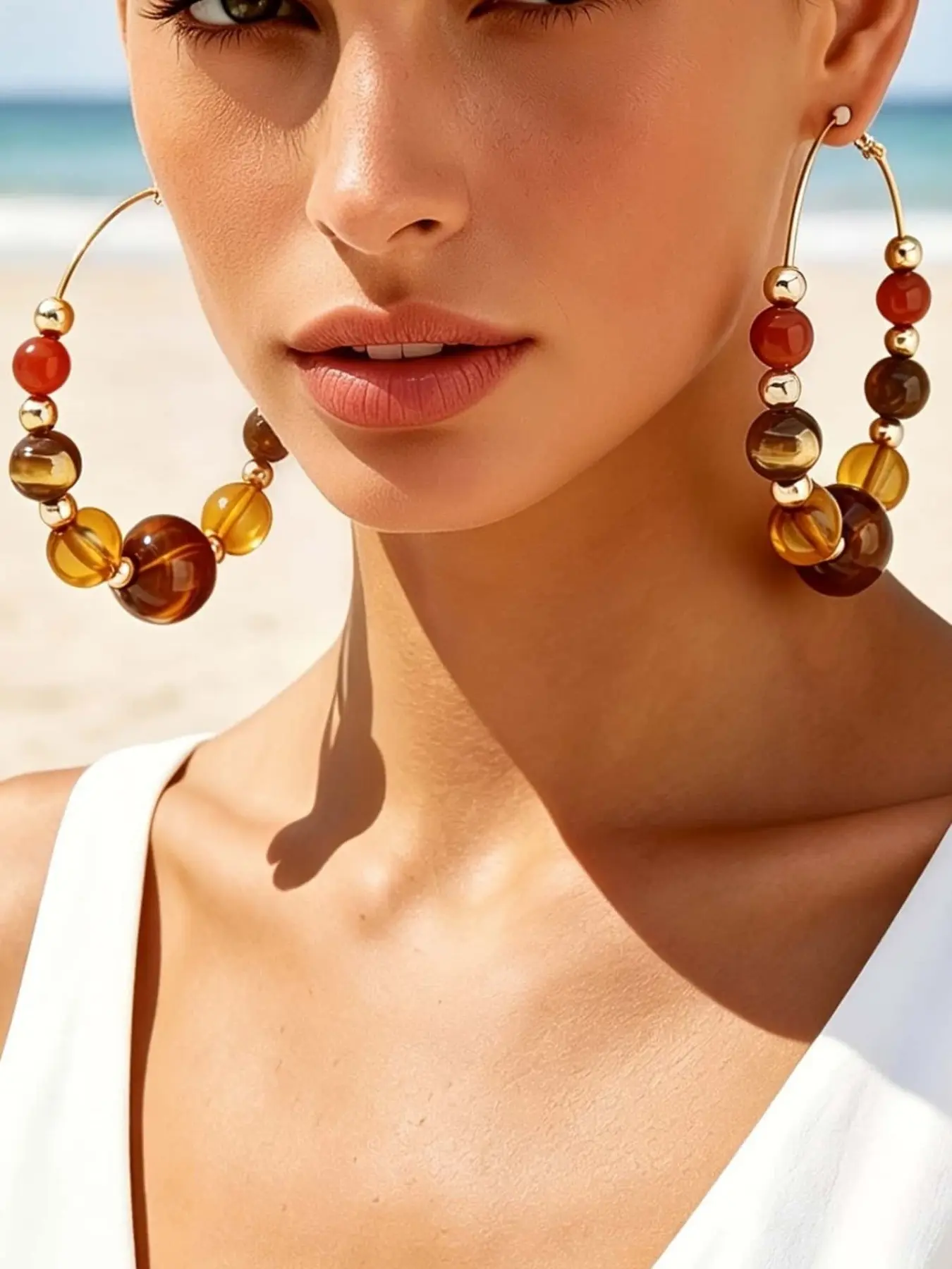 Women's Fashion Earrings, Geometric Gradient Round Beaded Thin Fashionable Hoop Earrings, Bohemian Style, Daily Wear, Vacation, Party Accessories