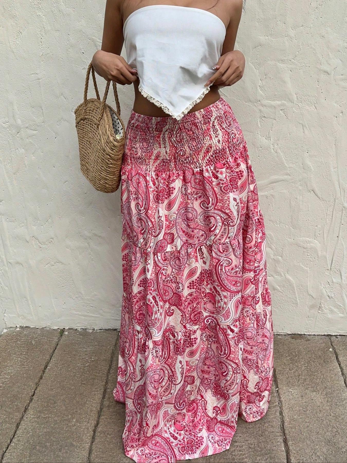 Women's Paisley Print Boho Maxi Dress, Fitted Waist Long Skirt, Comfortable All-Season Woven Fabric, Perfect for Vacation & Casual Wear, Casual Comfy Skirt