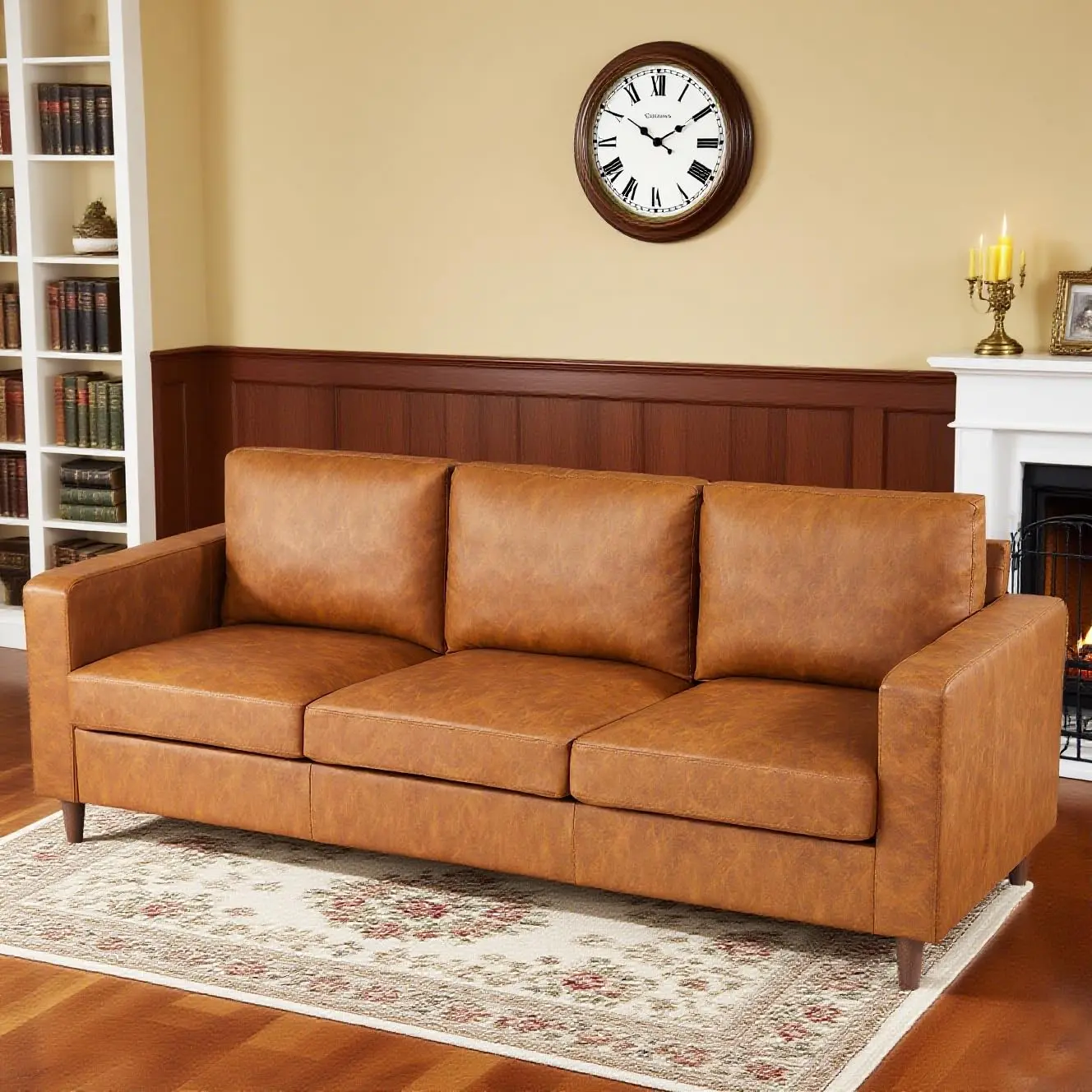 GARVEE 83-in Mid-Century Modern 3-Seater Brown Leather Sofa - Padded Arms, Deep Seats, Low Profile, Stain-Resistant, Comfy Cushions, Easy Setup for Living Room, Bedroom