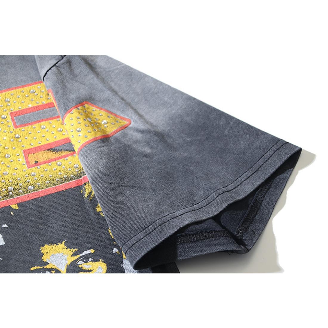 Vale Vintage Washed Streetwear T-Shirt, Bling Rhinestone Heat Transfer Print, Retro American High Street Singer Portrait & Letter Graphic, Y2K Hip Hop Summer Cotton Crew Neck Short Sleeve Tee