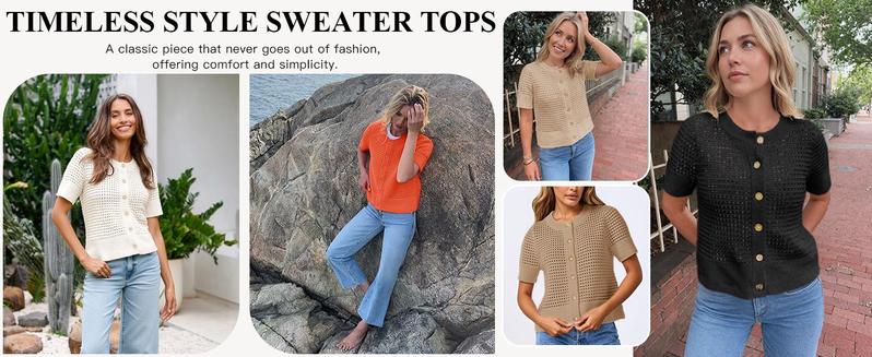 Saodimallsu Womens Crochet Short Sleeve Cardigans Button Up Crew Neck Summer Beach Knit Sweater Tops