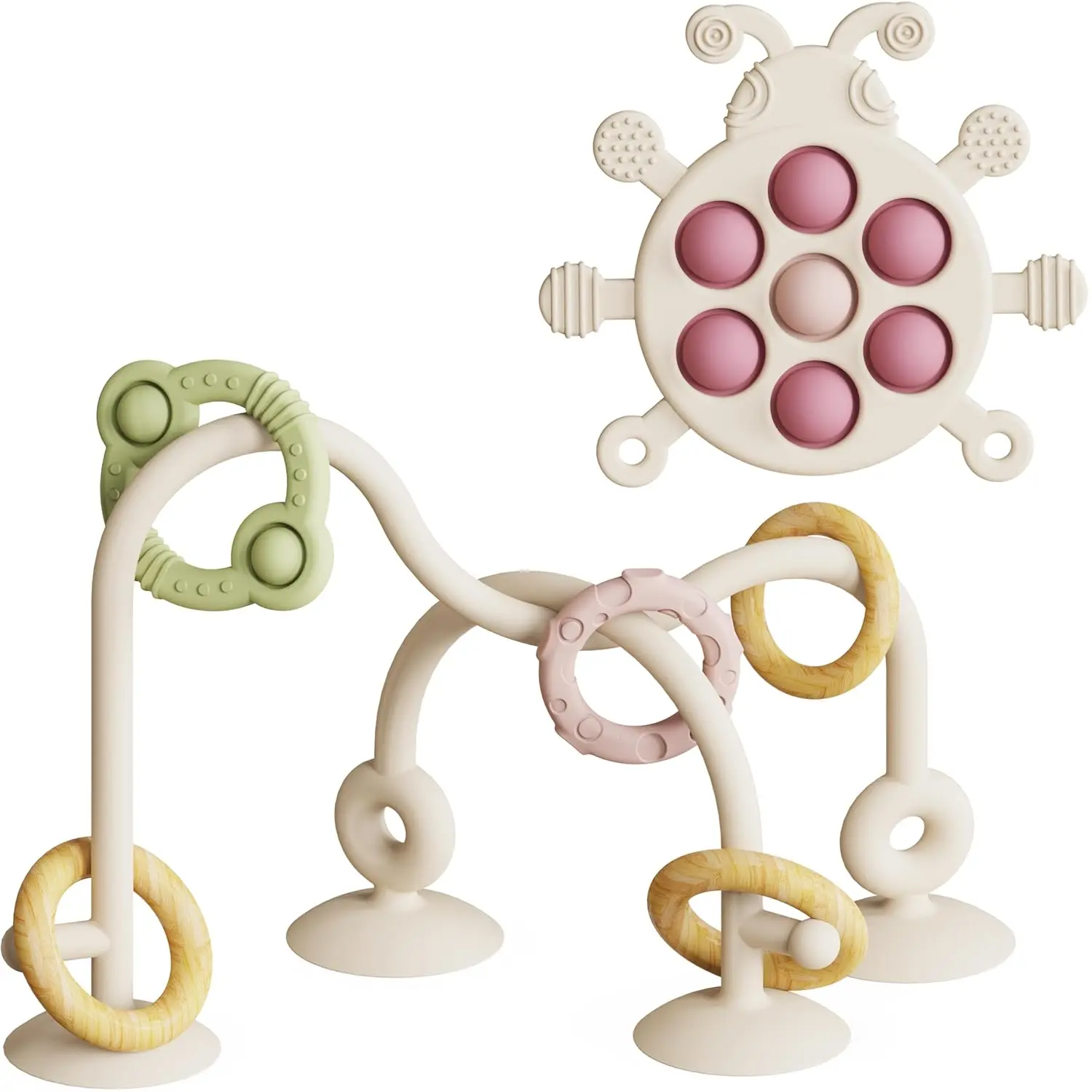 Baby Montessori Toy, High Chair Suction Cup Toy and Teething toy Set - Table Toy & Pop-it Fidget Teether for 6+ Months 1 2 3 Years, BPA Free Silicone Sensory Toys for Baby and Toddler (Beige)