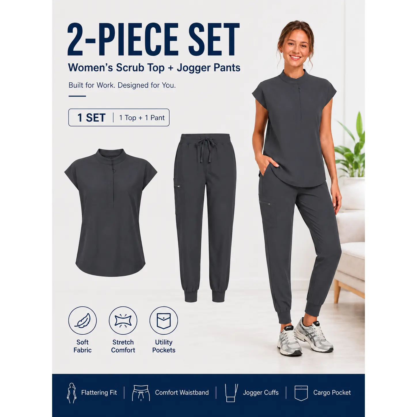 Women's 2-Piece Minimalist Scrub Uniforms, Cute Slim Fit Cap Sleeve Top and Cargo Jogger Pants with Zipper Pockets, 4-Way Stretch Workwear Clothes