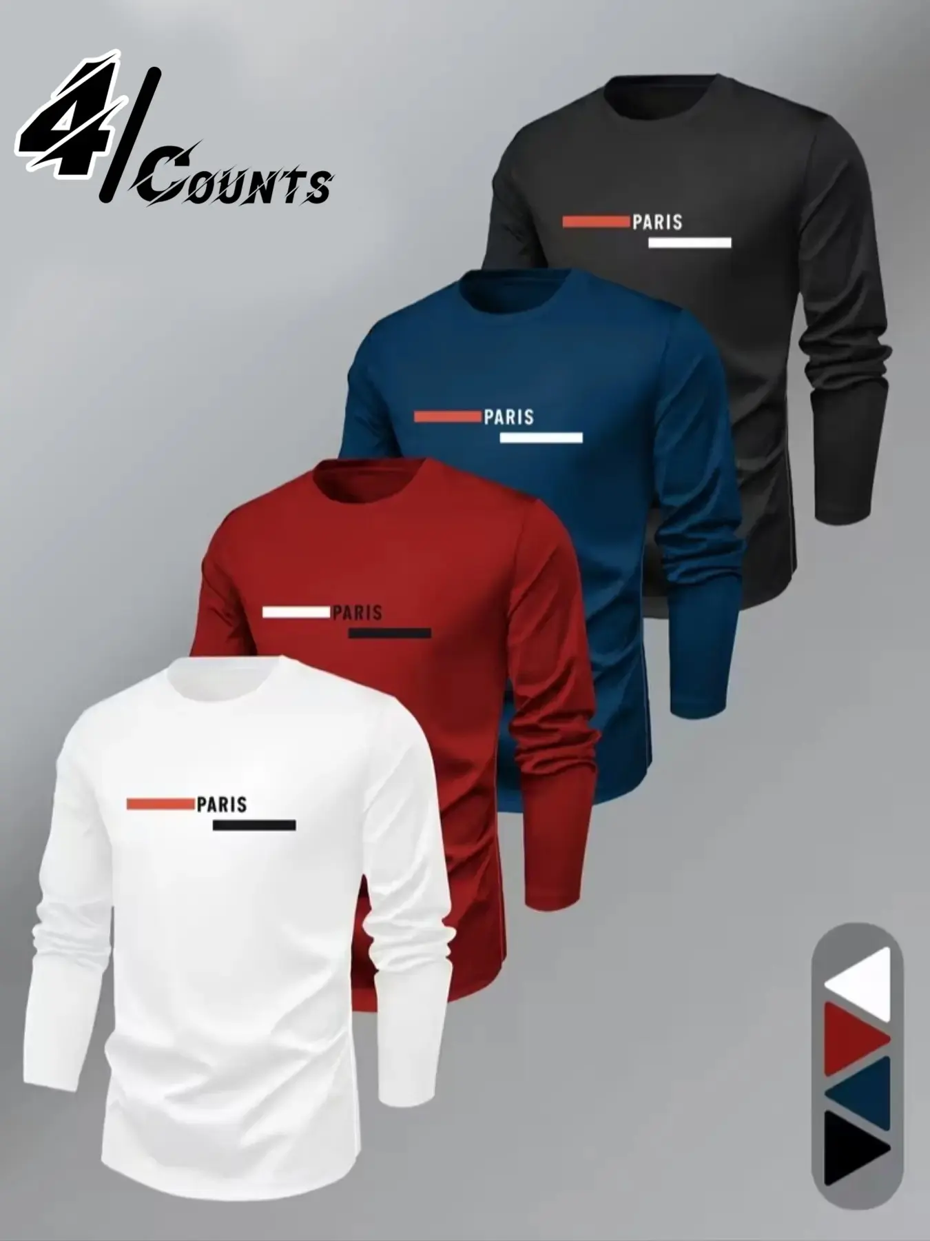 4 Pack Men's Minimal Paris Letter Strip Print Crew Neck Long Sleeve T-Shirts, Lightweight Soft Breathable Cotton Blend Casual Streetwear Tops, Casual Fashion Clothing, simple front chest horizontal bar & PARIS text graphic