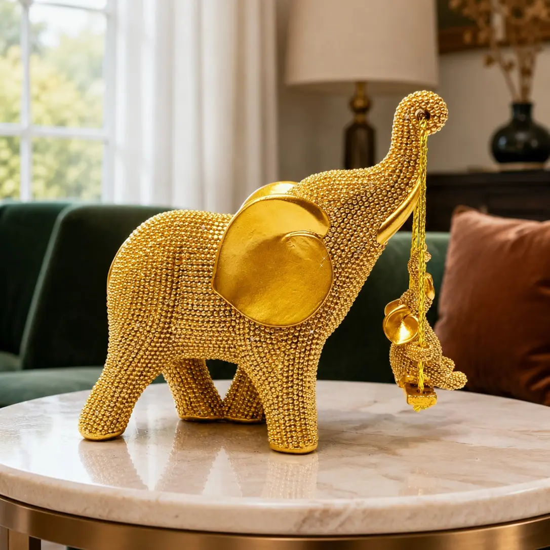 Silver Color Rhinestone Elephant Sculpture, Resin Sculptures, Shiny Crystal Swing Baby Elephant Resin Statue, Living Room Desk Shelf Home Lucky Decor, Decorative Sculptures, Decorative Piece, Gift Idea