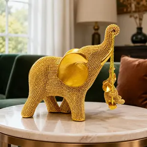 Silver Color Rhinestone Elephant Sculpture, Resin Sculptures, Shiny Crystal Swing Baby Elephant Resin Statue, Living Room Desk Shelf Home Lucky Decor, Gift Idea