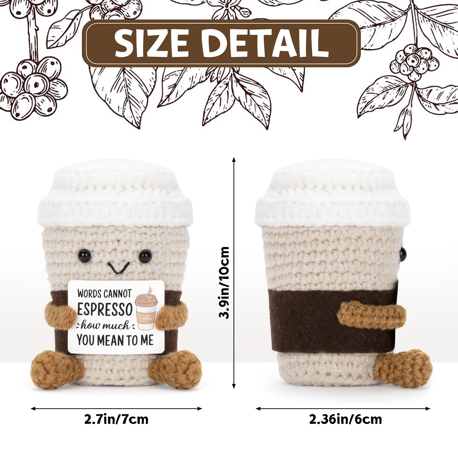 Kawaii Mini Knitted Coffee Cup Stuffed Toy Soft Handcrafted Plush Doll Bag Charm Keychain Backpack Ornament Car Decor Stress Relief Desk Decor Gift for Girlfriend Bestie Birthday Valentines Day Christmas Unique Gift Idea