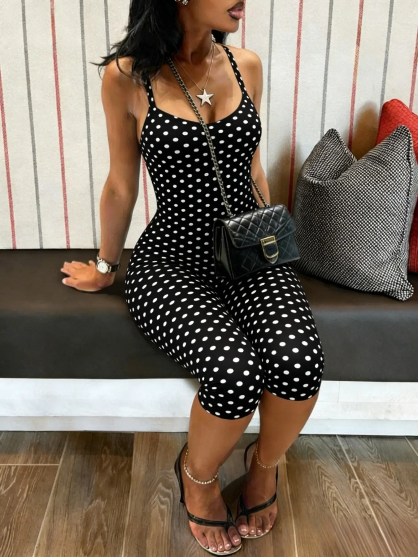 Women Spaghetti Strap Polka Dot Capri Romper Scoop Neck Bodycon Jumpsuit Summer Outfits Chic Fashion Outfits Inspo Casual Going Out Soft Stretchy Slim Fit Lounge One Piece Outfit for Ladies