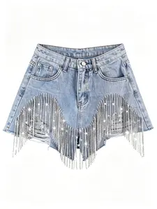 Sexy Rhinestone Fringe Denim Shorts, Y2K Style Ripped High-Waisted Womenswear Shorts, Perfect for Music Festivals, Concerts, Nightclubs, Summer