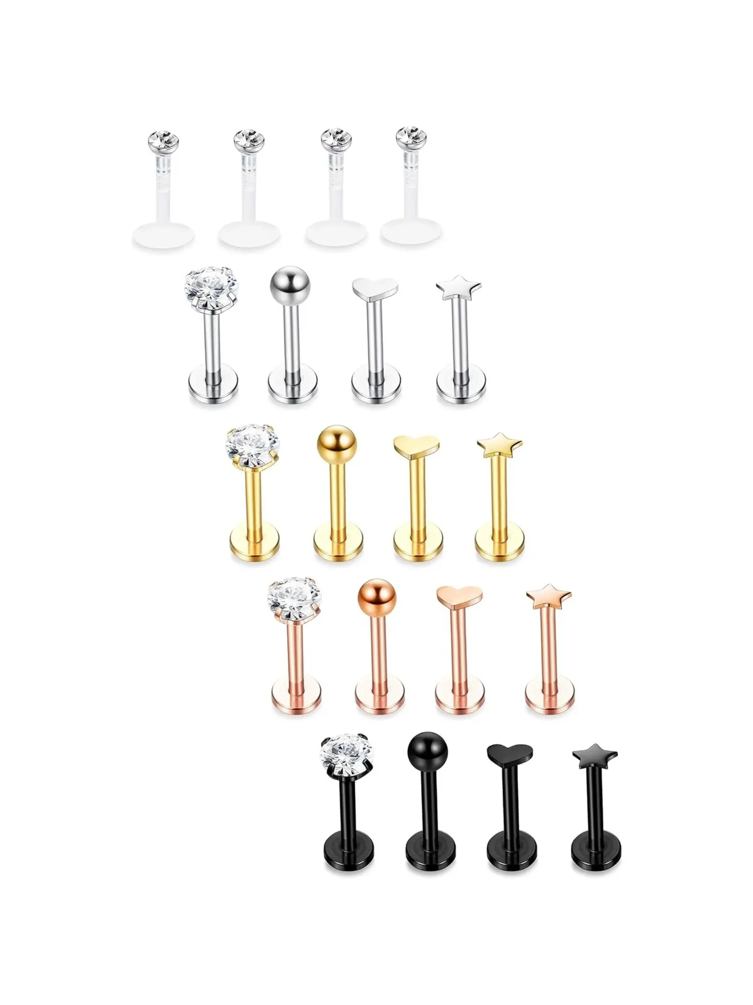 20 Pcs Colorful CZ Ball Heart Star Multi-Style Labret Lip Studs for Women Men Stainless Steel Acrylic Flat Back Body Piercing Jewelry Four Colors Multiple Head Options Hypoallergenic Skin-Friendly Piercing Accessories for Cartilage Tragus Monroe Piercings