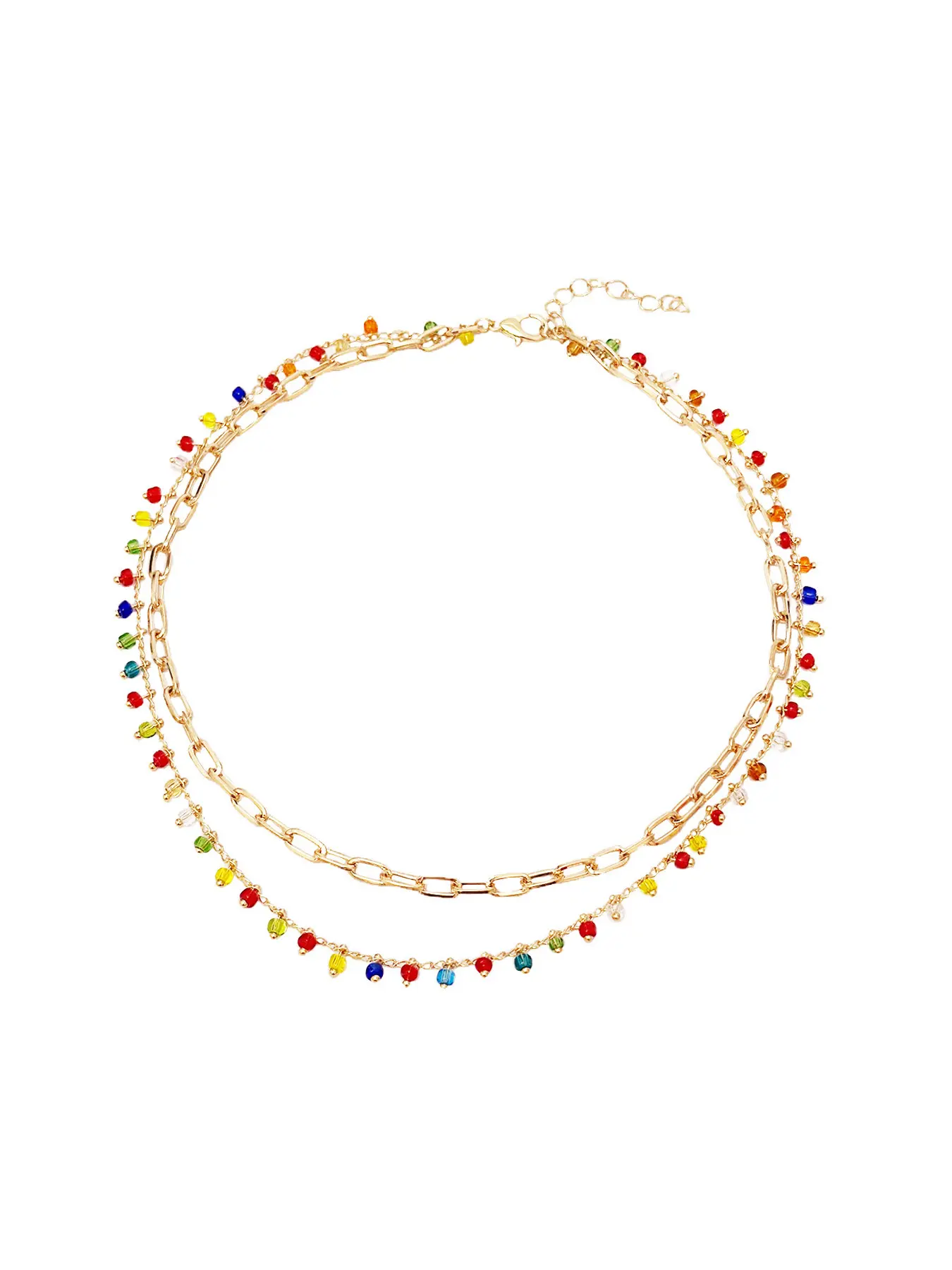Women's Double Layer Paperclip Chain Choker Gold Plated Alloy Vibrant Rainbow Multicolor Tiny Crystal Bead Drop Necklace Y2K Boho Minimalist Style Summer Beach Vacation Daily Teen Girls Layering Jewelry Gift