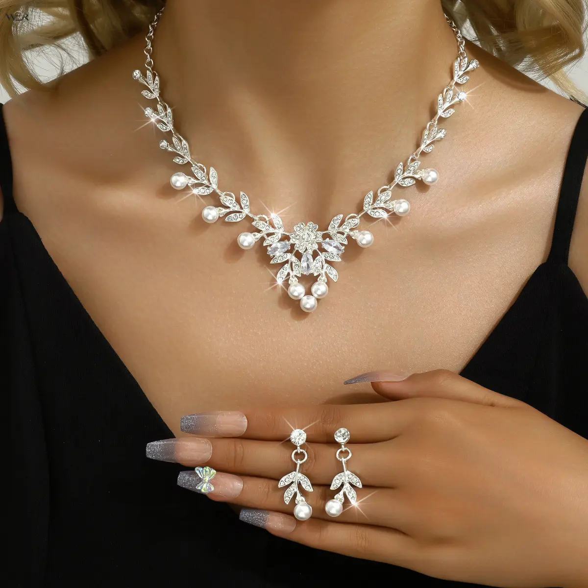 2 Colors Bridal Leaf Pearl Crystal Necklace Earring Set Adjustable Extension Chain Wedding Banquet Prom Evening Party Floral Vine Jewelry Set for Brides Bridesmaids