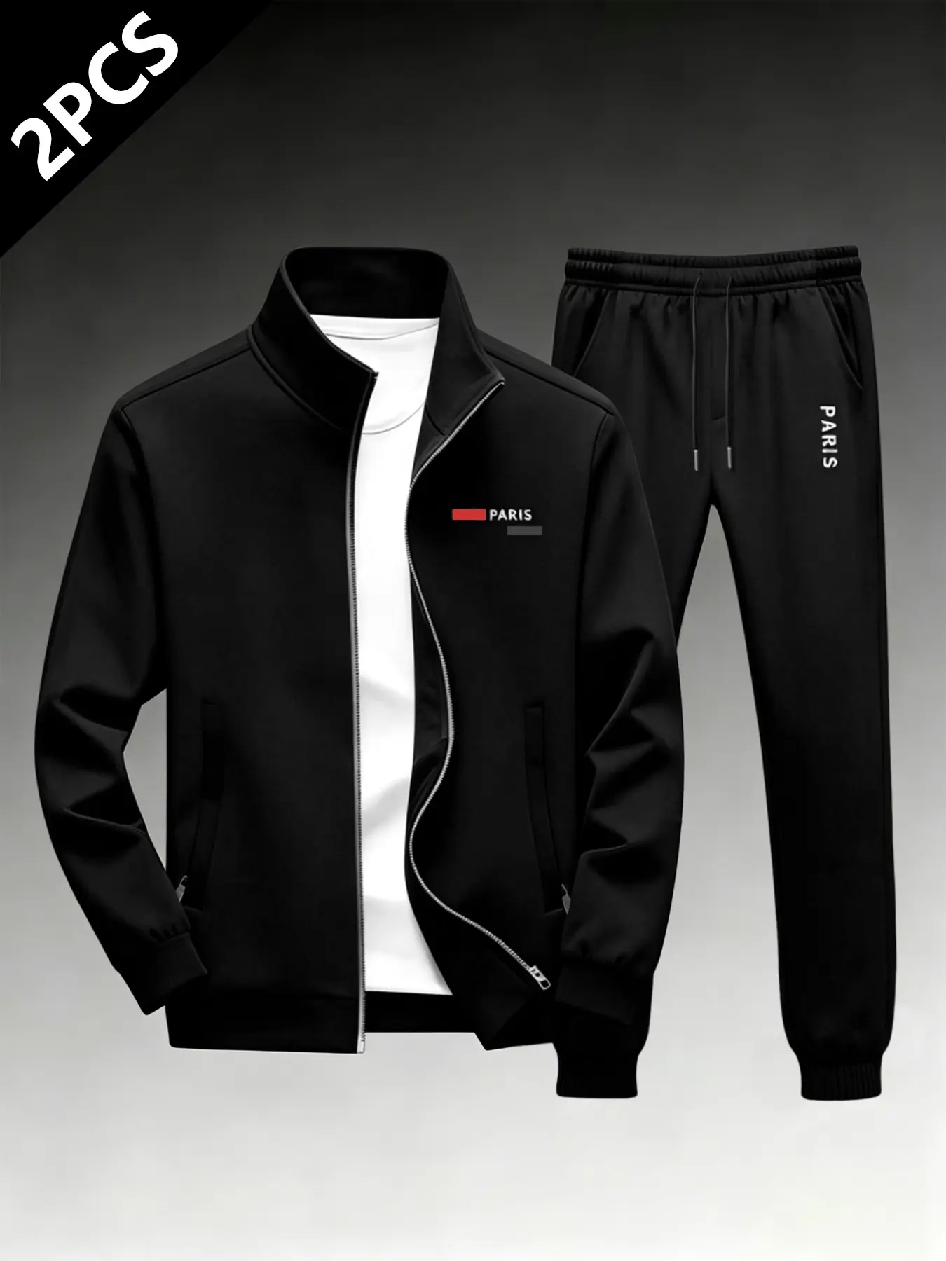 Men's Two-Piece Stand Collar Jacket and Sporty Pants Set, Light Luxury Paris Logo Print, Casual Fall & Winter, Casual Sportswear Set, Casual Sportswear Outfit