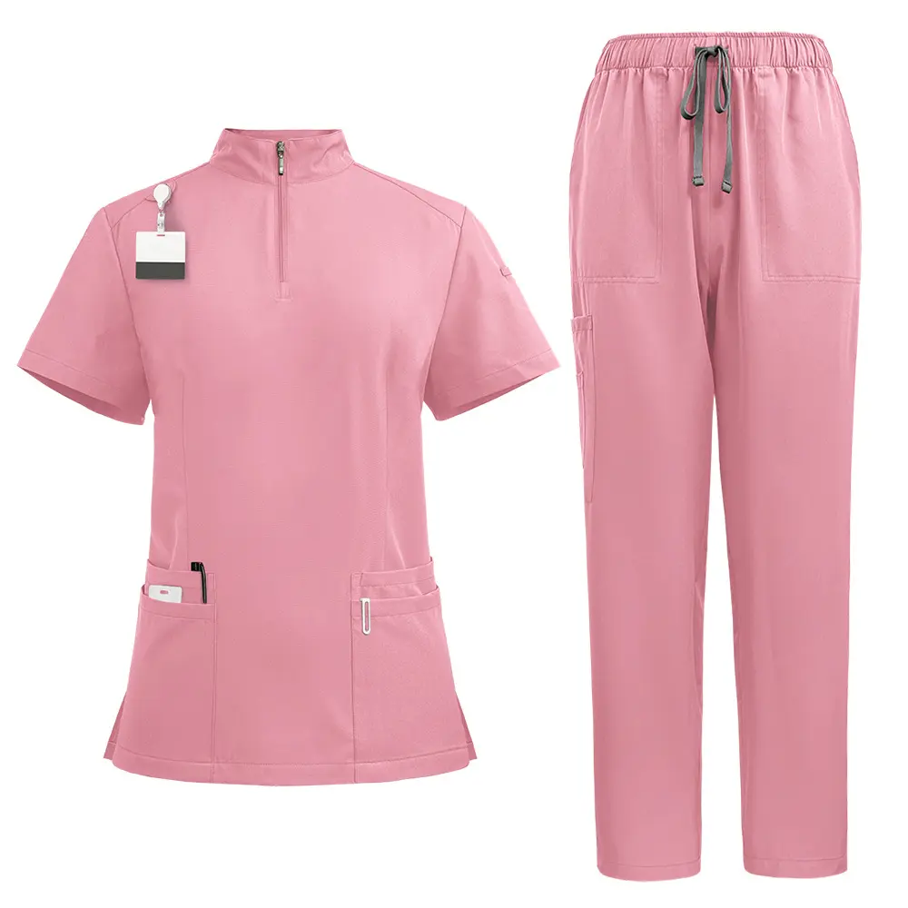 Unisex Basic Stand-Up Collar Zippered Scrub Suit Set - Short Sleeve/Full Length Multi-Size Workwear Clothes for Medical Professionals, Beauty Salon Workers, Nursing Wear, Set Includes Top