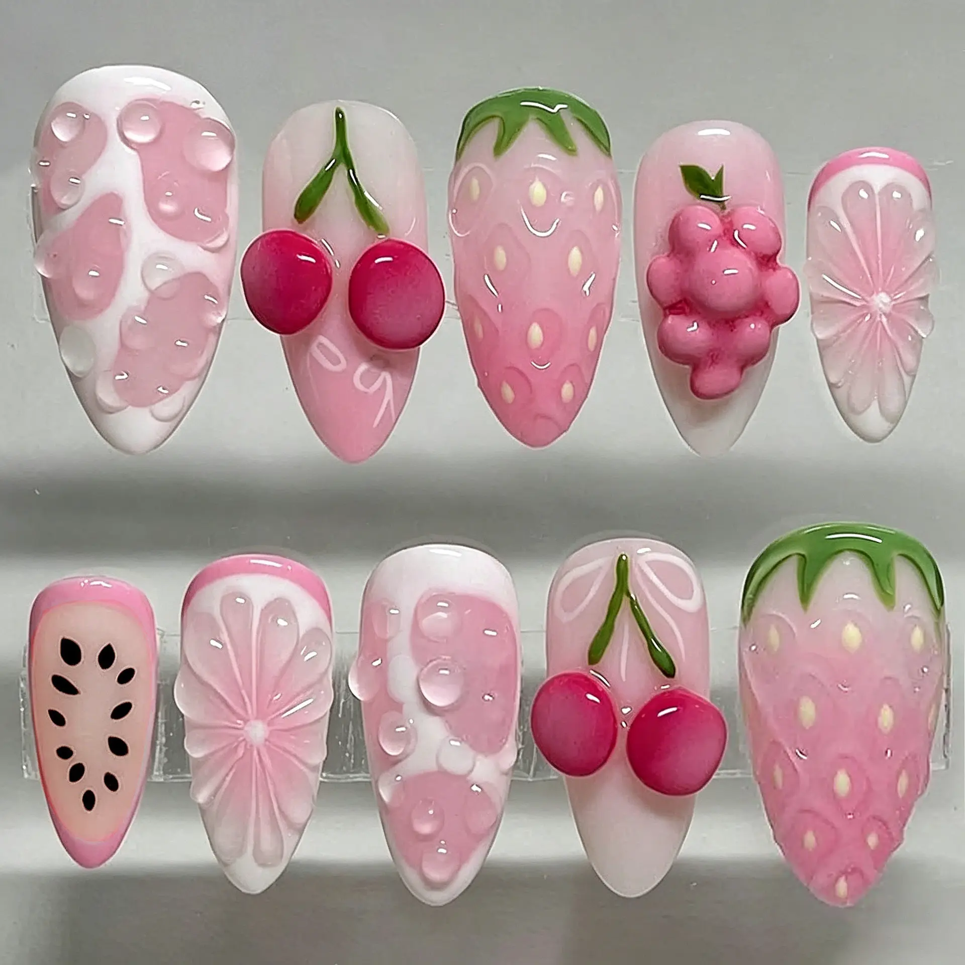 Y2K Baddie Summer Viral Press On Nails 30 Pieces 3D Grape Cherry Strawberry Almond Shape Pink Sweet Cool Reusable Acrylic Fake Nails Natural Fit For Women Vacation Daily Party Wear Main Character Energy